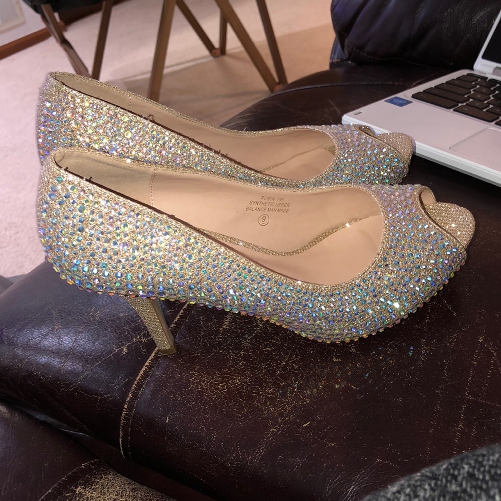 never before work jeweled chrome high heels